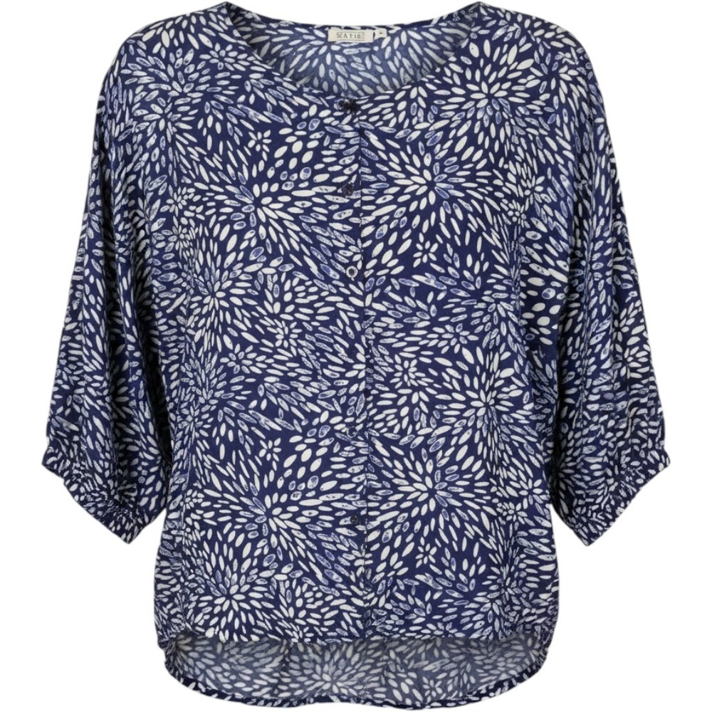 Masai Blue Print Woven Button Detail Tunic Top Size Medium M